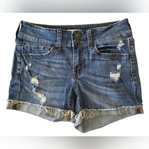 🌞SO Low Rise Midi Blue Jean Shorts Distressed Cuffed ~EC